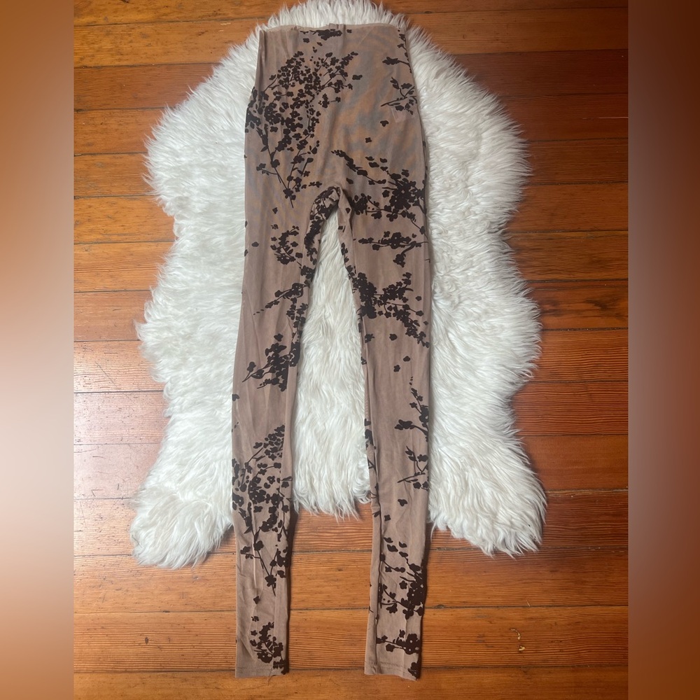Fashion Nova Sheer Nude Brown Floral Print Leggings nwot